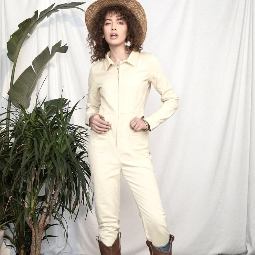 Wilfred Free Long Sleeve Collared Jumpsuit in Sandstone Beige–Made in Sri Lanka
